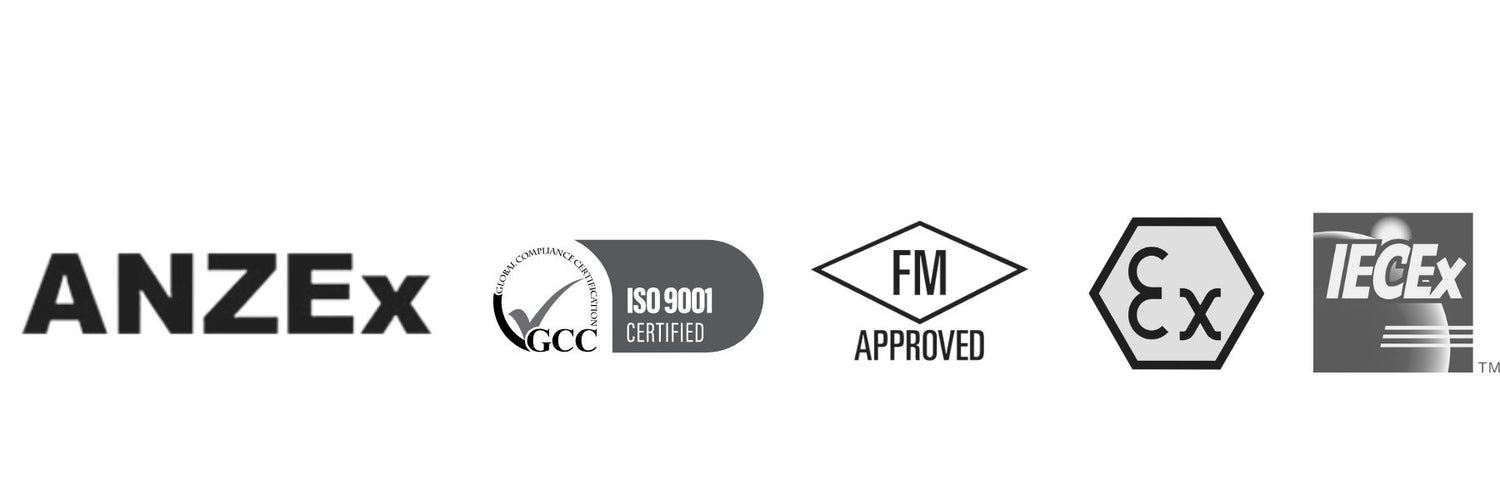 Collection of approval logos in black and white - ATEX, ISO9001, FM, EX and IECEx