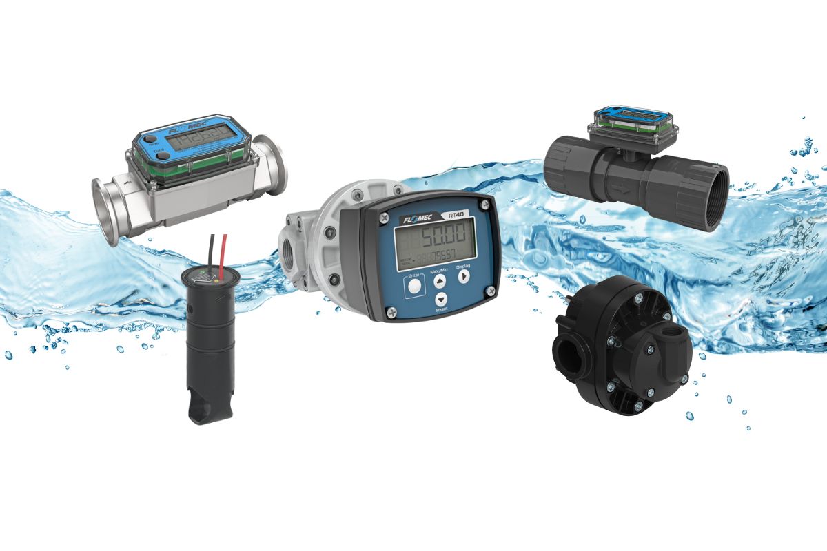 Flomec flow meters configured on a water background